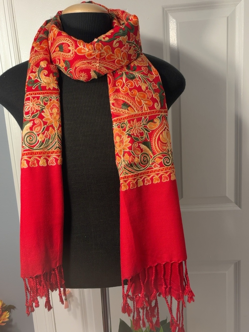Sadhana Fancy Stole Red Floral Paisley Embroidered Shawl Wrap New